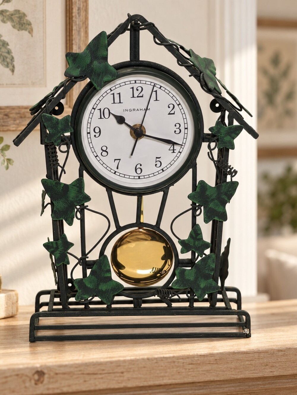 Ingraham Clock Decorative Green Mantel Metal with Leaf Design Tested Working